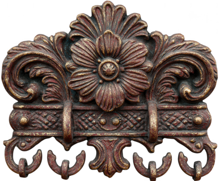 Ornate antique metal floral decorative element with hooks isolated on transparent background