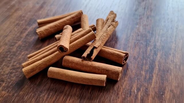 Cinnamon Sticks Still Life: Aromatic Spice Displayed on Polished Wooden Surface