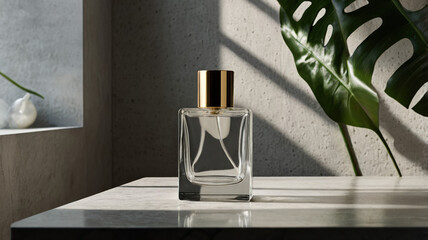 Clear glass perfume bottle on marble surface