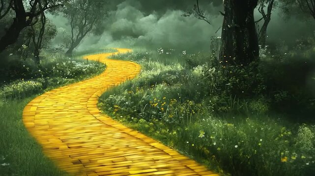 A winding yellow brick road through a misty forest