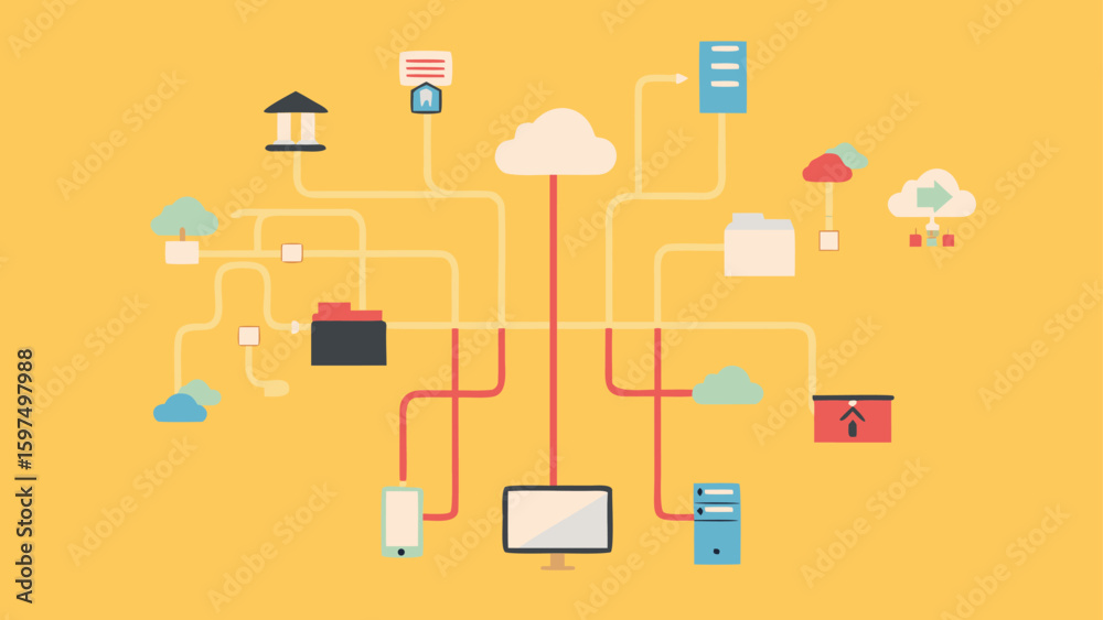 Poster cloud computing network diagram with connected devices and icons on a yellow background design style