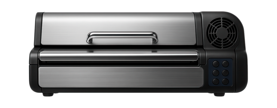 Heavy-duty semi-automatic vacuum sealer with a cooling fan for continuous use in a food packaging factory.