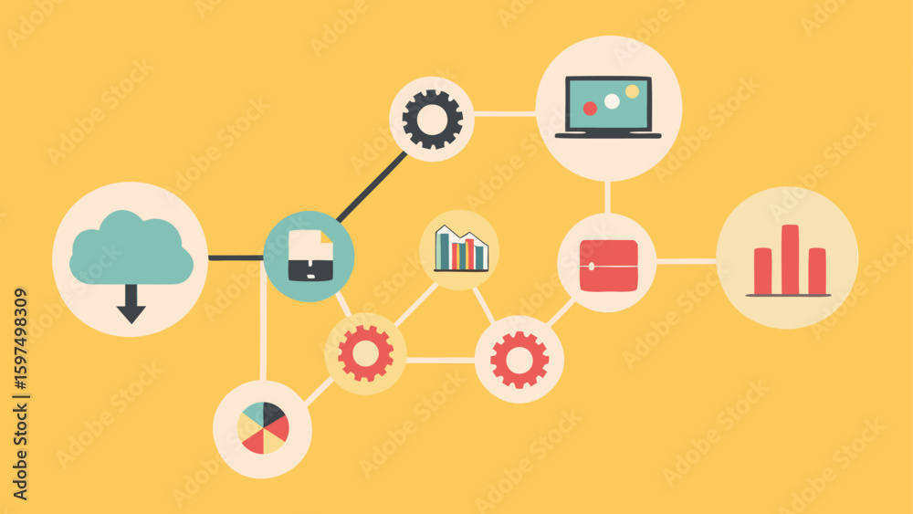 Poster illustration showing a network of connected icons representing data and technology on a yellow backg