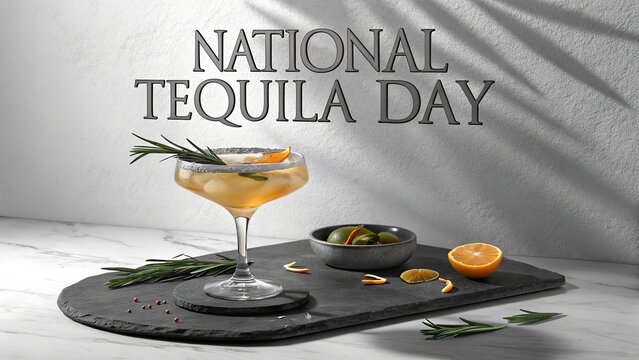 National Tequila Day, Traditional tequila shot served with lime wedge and salt rim. - Powered by Adobe