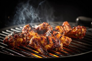 Delicious barbecue chicken wings grilling on a hot grill with smoke, isolated on a black background, in a studio shot
