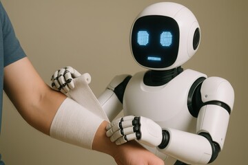 Friendly humanoid robot assisting a person with a medical procedure