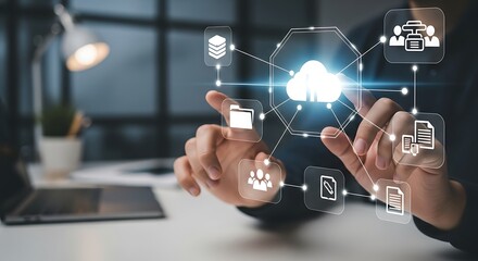 Person interacting with a glowing digital cloud network interface