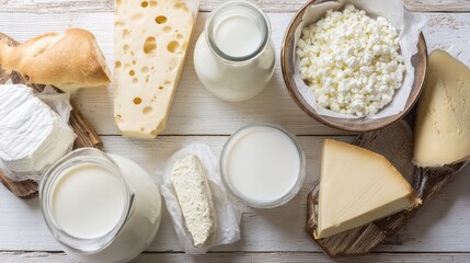 Assorted dairy products on wooden board, rustic kitchen setting with soft light.