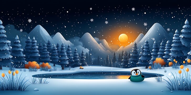 Cute penguin in snowy forest at dusk winter mountains