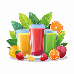 Fresh fruit juices in glasses, surrounded by colorful fruits