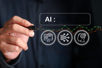 A person interacts with AI interface icons representing data processing, networking and perception,...