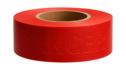 Red "DANGER" tape with white lettering, seen at demolition sites to caution unauthorized access.