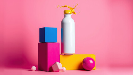 Colorful geometric display with white bottle