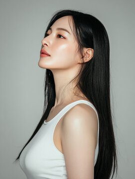 Korean Beauty Model for Skincare and Cosmetic Advertisement, Korean K-Beauty Model in Simple Outfit for Skincare and Cosmetic Stock Photo 