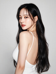 Korean Beauty Model for Skincare and Cosmetic Advertisement, Korean K-Beauty Model in Simple Outfit for Skincare and Cosmetic Stock Photo 