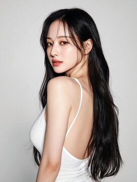 Korean Beauty Model for Skincare and Cosmetic Advertisement, Korean K-Beauty Model in Simple Outfit for Skincare and Cosmetic Stock Photo 