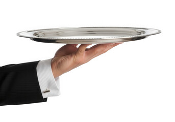 Hand holding silver tray waiter butler service isolated on transparent background