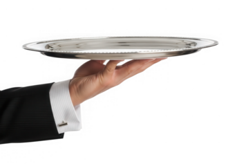 Hand holding silver tray waiter butler service isolated on transparent background