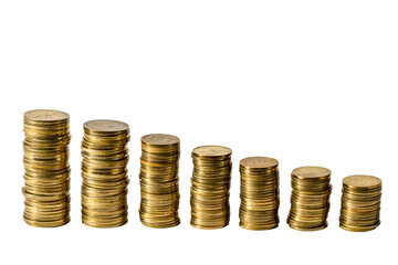 Money. Columns with coins stand on a white background. All money is new Israeli shekels on a transparent background.