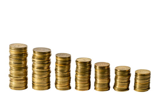 Money. Columns with coins stand on a white background. All money is new Israeli shekels on a transparent background.