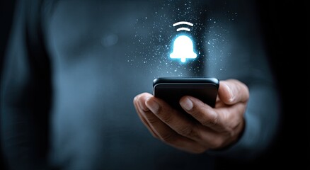 A person holds a smartphone, a notification bell icon appears above it, suggesting a received alert