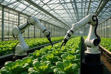 Robotic arms tending to crops in a modern greenhouse