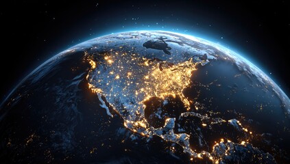 Earth at night, North America highlighted with city lights