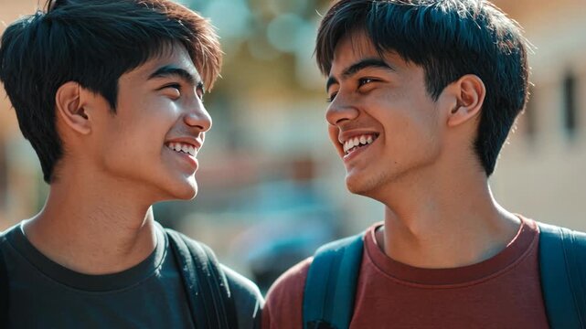 two young handsome Asian Thai teenager boys at school