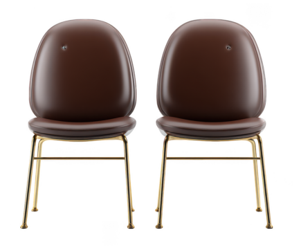 Two elegant brown leather chairs with gold legs isolated on transparent background