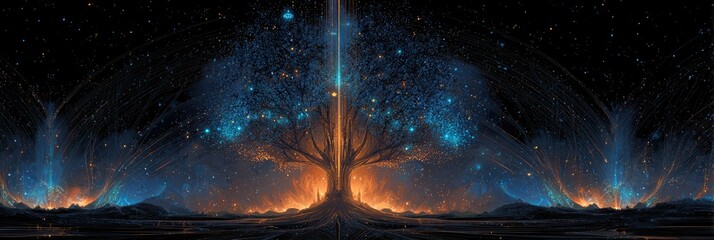 Vast, luminous tree bathed in celestial light, with a fiery base, against a backdrop of stars