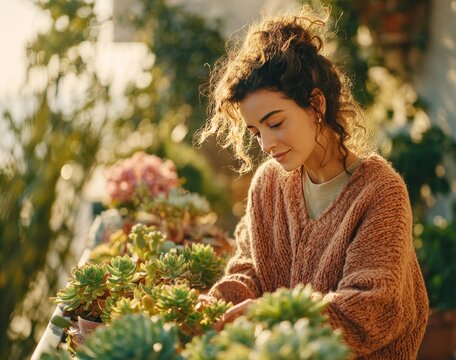 Young woman gardening succulents on sunny balcony