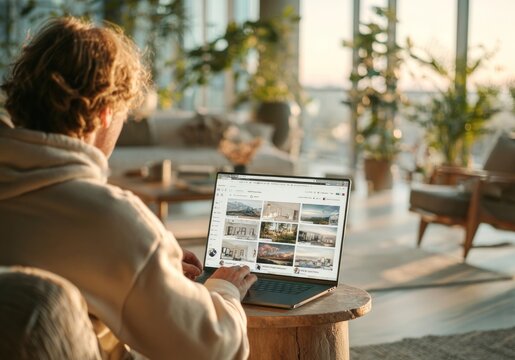 Man browsing real estate listings on laptop in modern living room