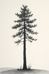 Obraz premium Silhouette of Tall Pine Tree in Minimalist Black and White Style