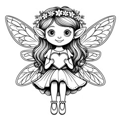 Fototapeta premium Cute Coloring Book Fairy Holding a Heart perfect for Fairy coloring pages