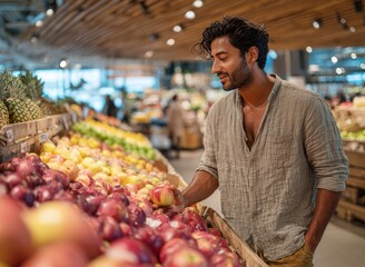Young man choosing apples in a modern supermarket