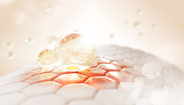 3d skin cells with gold oil drops, liquid serum or collagen gel. Epidermis layer with red damaged skin area, hexagon pattern. Repair, treatment, moisture, nourish from redness or acne. 3D illustration