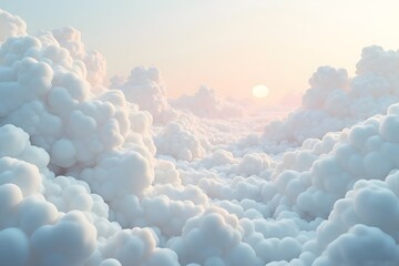 Sunrise Over Fluffy Cloudscape with Soft Pink and Orange Hues in Sky