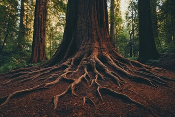 Majestic redwood tree with intricate exposed roots in a lush, tranquil forest setting.
