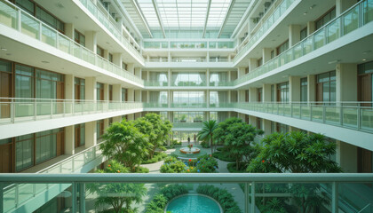 Modern hotel atrium with multiple floors, glass railings, lush green plants, and central water feature, illuminated by natural light from glass ceiling, creating bright and inviting atmosphere