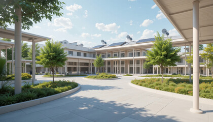 Modern residential complex with spacious courtyard, surrounded by lush green trees and landscaped gardens, bright blue sky with scattered clouds, featuring solar panels roof and satellite dishes