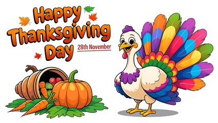 Happy Thanksgiving Day illustration with cornucopia and turkey for 28th November
