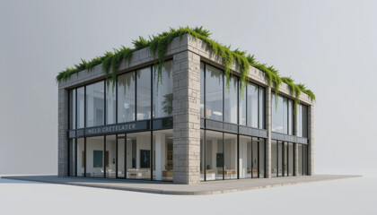Modern two story building with large glass windows, stone facade, and greenery on roof, showcasing contemporary architecture and interior spaces visible through windows
