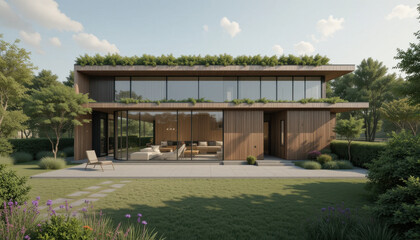 Modern two story house with large glass windows, wooden exterior, and lush greenery surrounding it, featuring spacious patio and landscaped garden, under partly cloudy sky