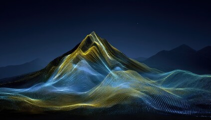 Abstract mountain range at night, glowing with golden and blue light trails