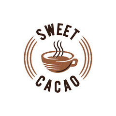 Sweet Cacao Logo for hot chocolate branding, dessert cafe, gourmet drink packaging or artisan beverage label. Vector illustration.