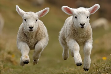 Obraz premium Jumping Sheep. Young Lambs Frolicking in Spring Grass on Farm