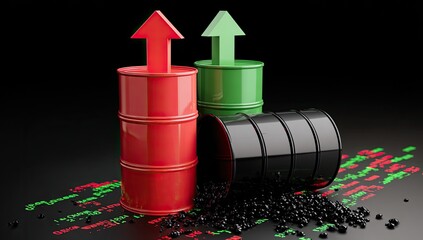 3D illustration of oil barrels with upward trends