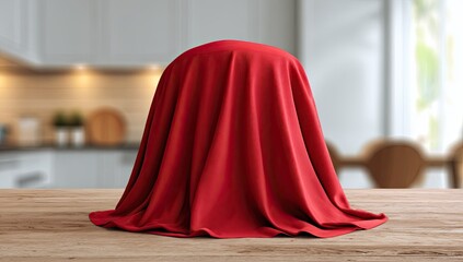 A red cloth drapes over a sphere on a wooden table, in a soft-focus interior