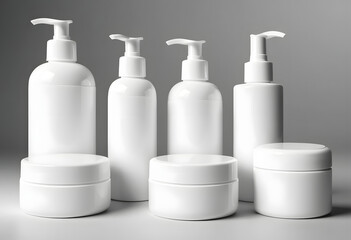 Digitally rendered isolated collection of unbranded white cosmetic packaging, showcasing diverse pump bottles and round cream jars, an ideal AI-generated asset for virtual product showcases and market