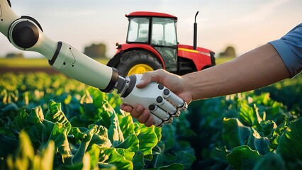 A handshake between a human and an AI robot hand in a green field, showcasing collaboration, innovation, and the integration of technology in modern agriculture